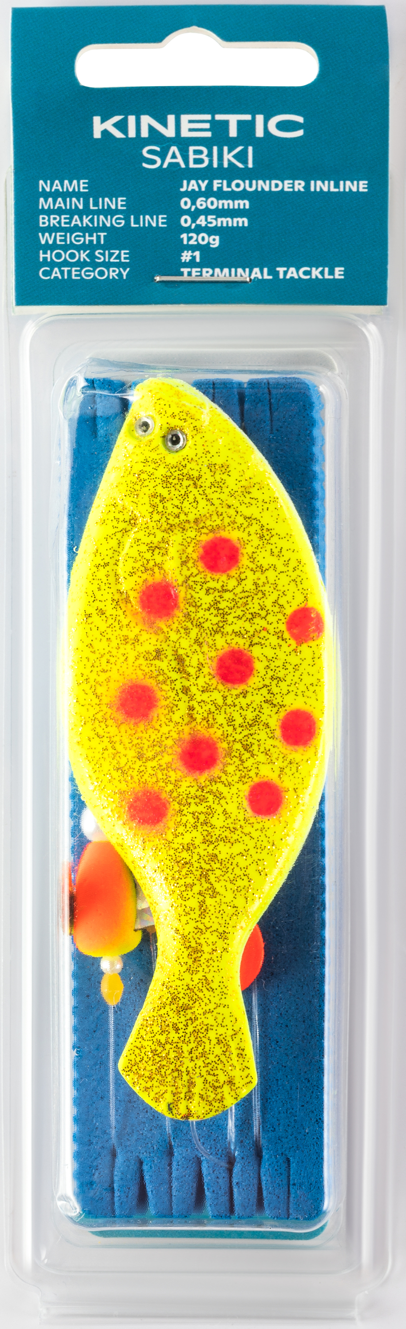Rakendus KINETIC Jay Flounder Inline 120g #1 Yellow/Orange Dots